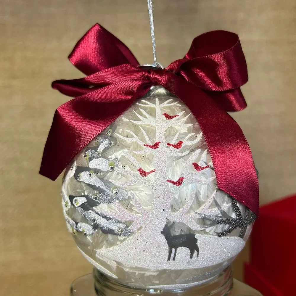 Martha Stewart Glass Ornament w/ Swarovski Crystals Boxed Woodland Scene